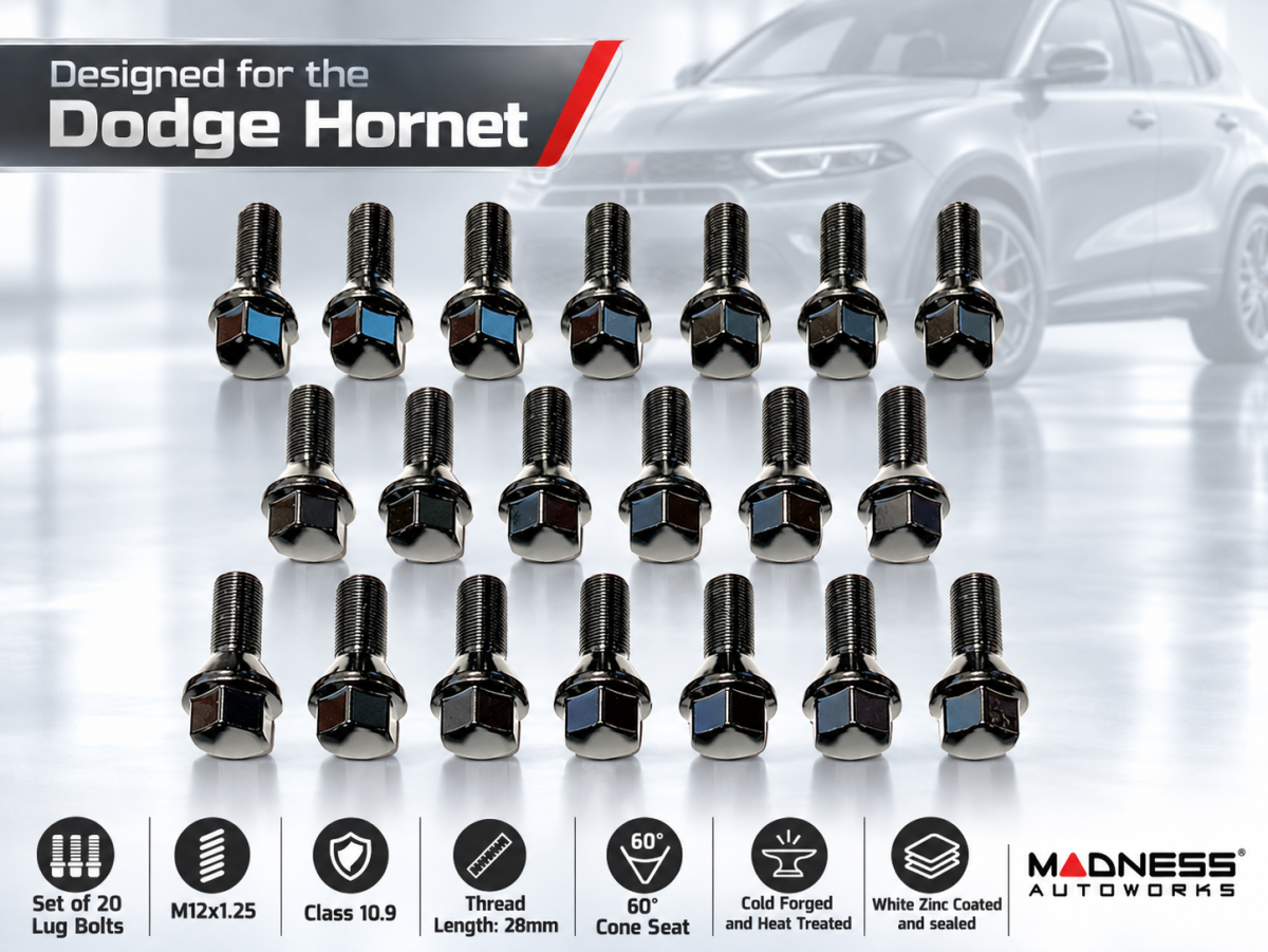 Dodge Hornet Lug Bolt Set - Set of 20 - M12x1.25 - 60° Cone Seat - Black Dodge Hornet Lug Bolt Set - Set of 20 - M12x1.25 - 60° Cone Seat - Black